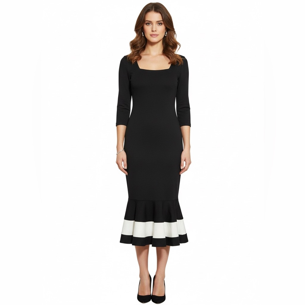 Nice Forever black white Mermaid Dress quarter sleeves Square Neck MEDIUM 6 zip
